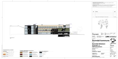 Fasadetegning som viser bygningens utside med materialvalg og fargeoppsett.