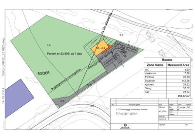 Situasjonsplan som viser tomtens grenser (parsell 53/306), byggegrense, høydemål og plassering av et modulbygg.