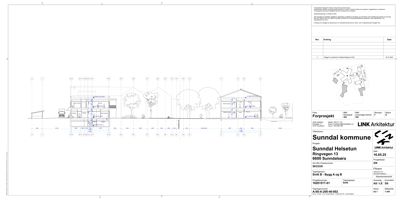 Fasadetegning (opprikk) som viser bygningens utseende fra siden, inkludert vinduer, dører og takform.