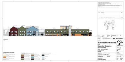 Fasadetegning som viser bygningens utseende fra siden, med fargelegging av materialer og detaljer.