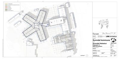 Etasjeplan (forprosjekt) som viser romfordeling og arealbruk for en bygning (Sunnadal Helsetun).