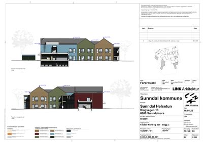Fasadetegning som viser bygningens utseende fra utsiden med fargelegging og detaljer.
