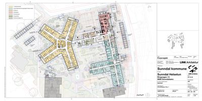 Situasjonsplan som viser tomt, bygninger og omgivelser for et prosjekt ved Sunndal Helsetun.