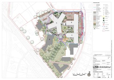 Oversiktsplan (situasjonsplan) som viser bygningenes plassering, beplantning og omgivelsene på tomten.