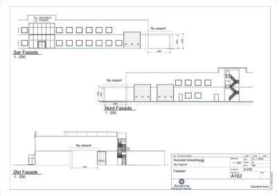 Fasadetegning som viser Sør, Nord og Øst fasade av et bygg med en ny carport.