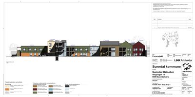 Fasadetegning som viser bygningens utseende sett fra siden, inkludert fargevalg og materialer.