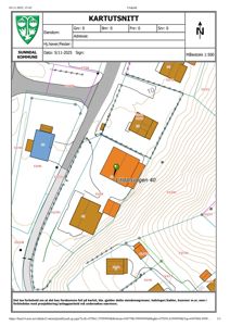 Kartutsnitt som viser eiendomsgrenser, høydeforhold (konturlinjer) og bygningers plassering på tomten.