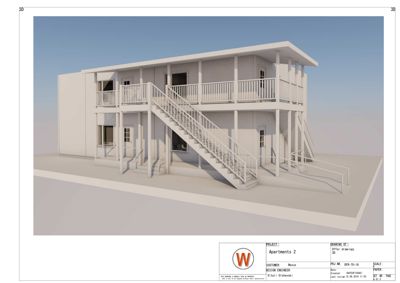 3D-visualisering av et toetasjes leilighetsbygg med trapp og balkonger.