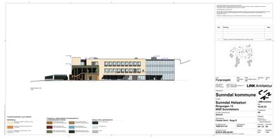 Fasadetegning som viser bygningens utseende fra fronten, inkludert materialvalg og fargelegender.