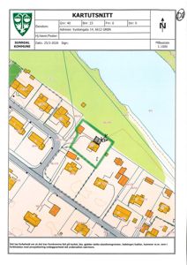 Situasjonsplan (Kartutsnitt) som viser eiendomsgrenser, naboeiendommer og bygningers plassering i forhold til hverandre og veier.
