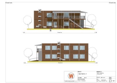 Fasadetegning (Elevations) som viser bygningens utseende fra to ulike vinkler med detaljer om vinduer, trapper og fasadematerialer.