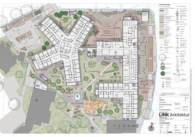 Situasjonsplan som viser bygningenes plassering, tomtegrenser, beplantning og tilknyttede arealer.