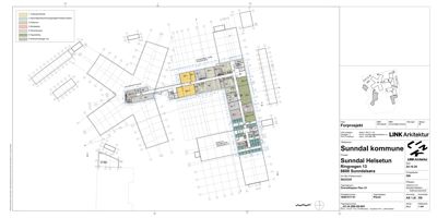 Etasjeplan (forprosjekt) som viser romfordeling, funksjoner og arealer for et bygg.