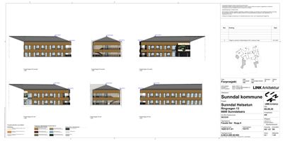 Fasadetegning som viser bygningens utseende fra flere vinkler med mål og fargeprøver.