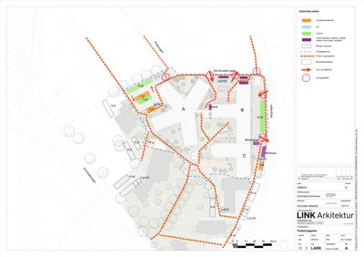 Situasjonsplan som viser tomtens grenser, bygningers plassering (A, B, C), parkeringsplasser og tilkomstveier.