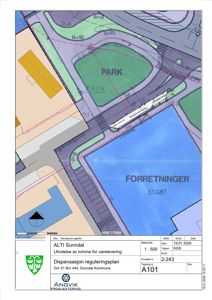 Situasjonsplan som viser tomtens plassering i forhold til nabolag, veier (gardsgata, Landgata) og parkområder. Planen inneholder også informasjon om dispensasjon for utvidelse av lomme.
