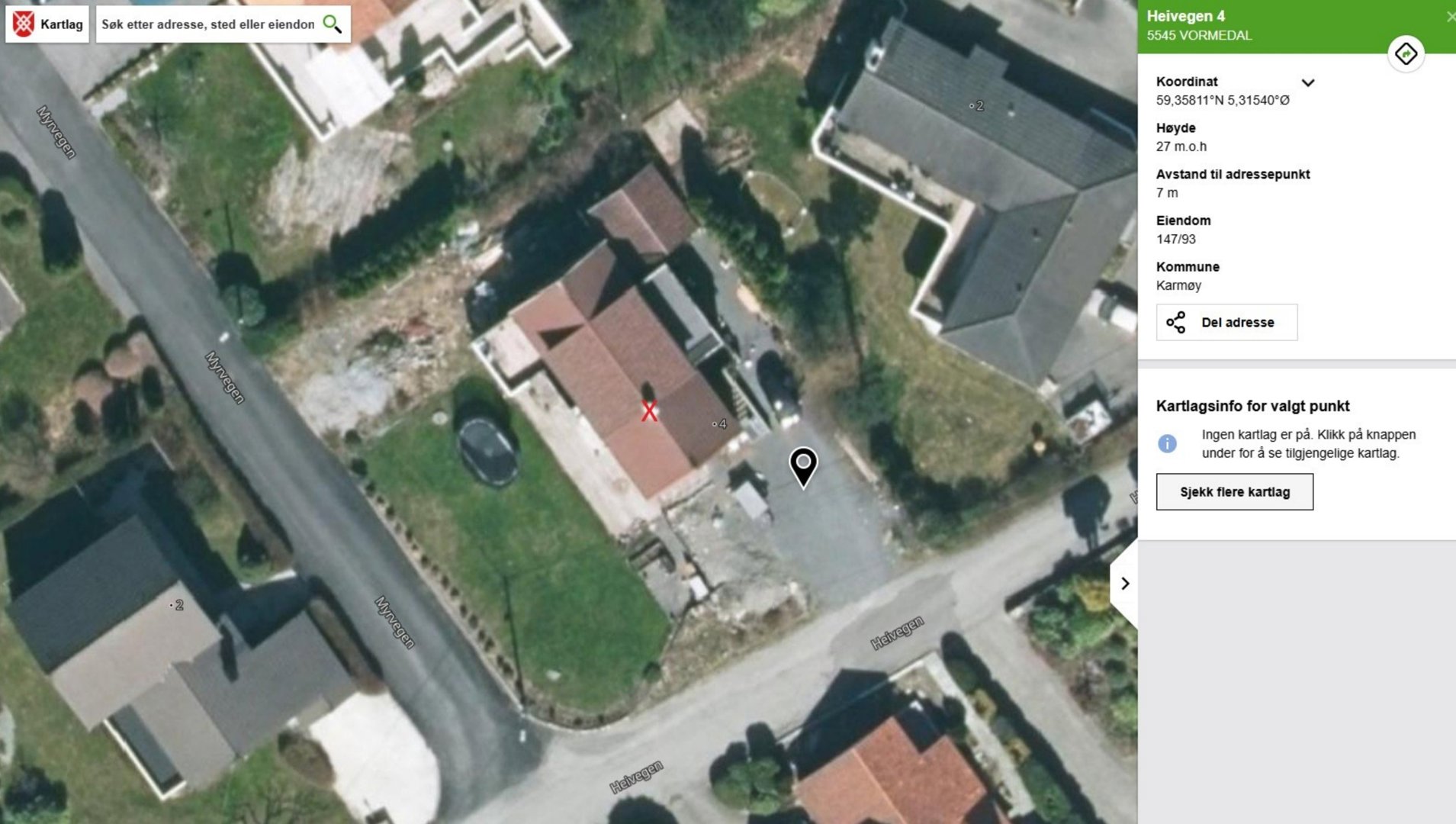 Satellittbilde (kart) av eiendom på Heivegen 4 i Vormedal med adresseinfo og koordinater.