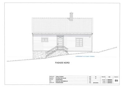 Fasadetegning (opprikk) av en bygning sett fra nord, med detaljer om tak, vinduer, dør, trapp og terreng.