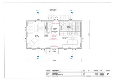 Etasjeplan (1. etasje) som viser romfordeling, mål og funksjoner i et hus.