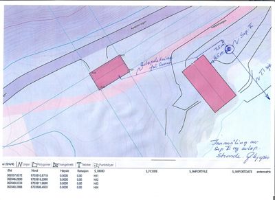 Situasjonsplan som viser tomtens form, grenser (Kjappavegen), og plassering av to bygninger (røde rektangler) med håndskrevne notater om avstander og retninger.