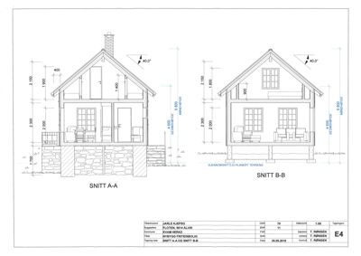 Tegning som viser tverrsnitt gjennom en bygning (SNITT A-A og SNITT B-B), inkludert høyder, vinduer og grunnkonstruksjon.