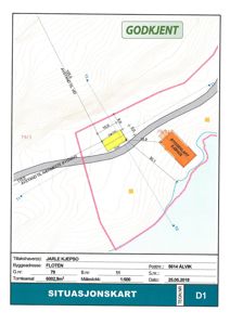 Situasjonskart som viser tomtens beliggenhet, grenser, avstander til vei og nabobebyggelse.