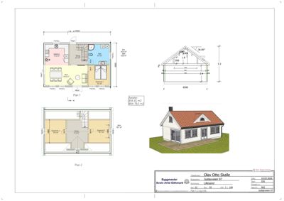 Bildet viser etasjeplaner (Plan 1 og Plan 2) med romfordeling, samt en fasade og et snitt av en hytte.