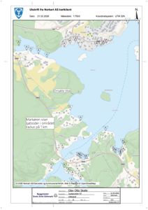 Kartutsnitt fra Norkart AS som viser et område med sjøboder, veier og topografi.