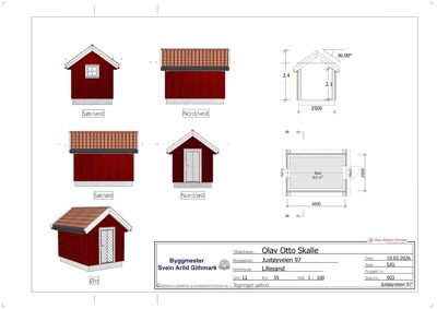 Fasadetegning som viser bygningens utseende fra fire ulike vinkler (Sør/vest, Nord/vest, Sør/øst, Nord/øst) samt en 3D-visualisering fra øst. Tegningen inneholder også mål og en situasjonsplan for fundamentet.