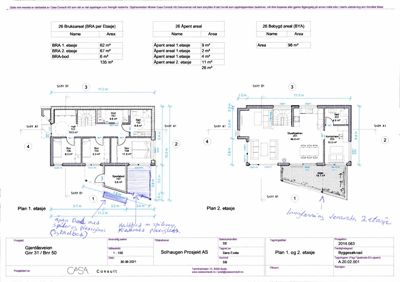 Etasjeplaner (1. og 2. etasje) med romfordeling, mål og håndskrevne notater om endringer.