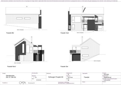 Fasadetegning som viser bygningens utseende fra fire sider (Øst, Vest, Nord, Sør).