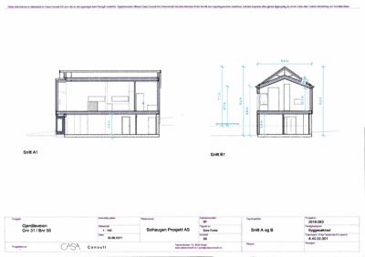 Tegning som viser tverrsnitt gjennom en bygning (Snitt A1 og Snitt B1) med mål på høyder og romfordeling.