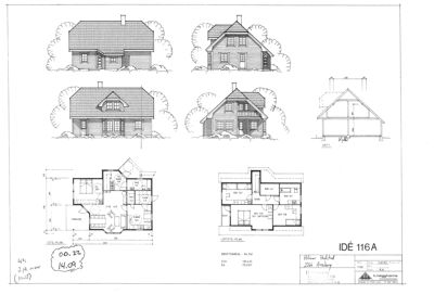 Bildet viser en arkitekttegning som inneholder både fasadetegninger (oppsett av huset fra utsiden) og etasjeplaner (romfordeling for første etasje og loftsetasje).