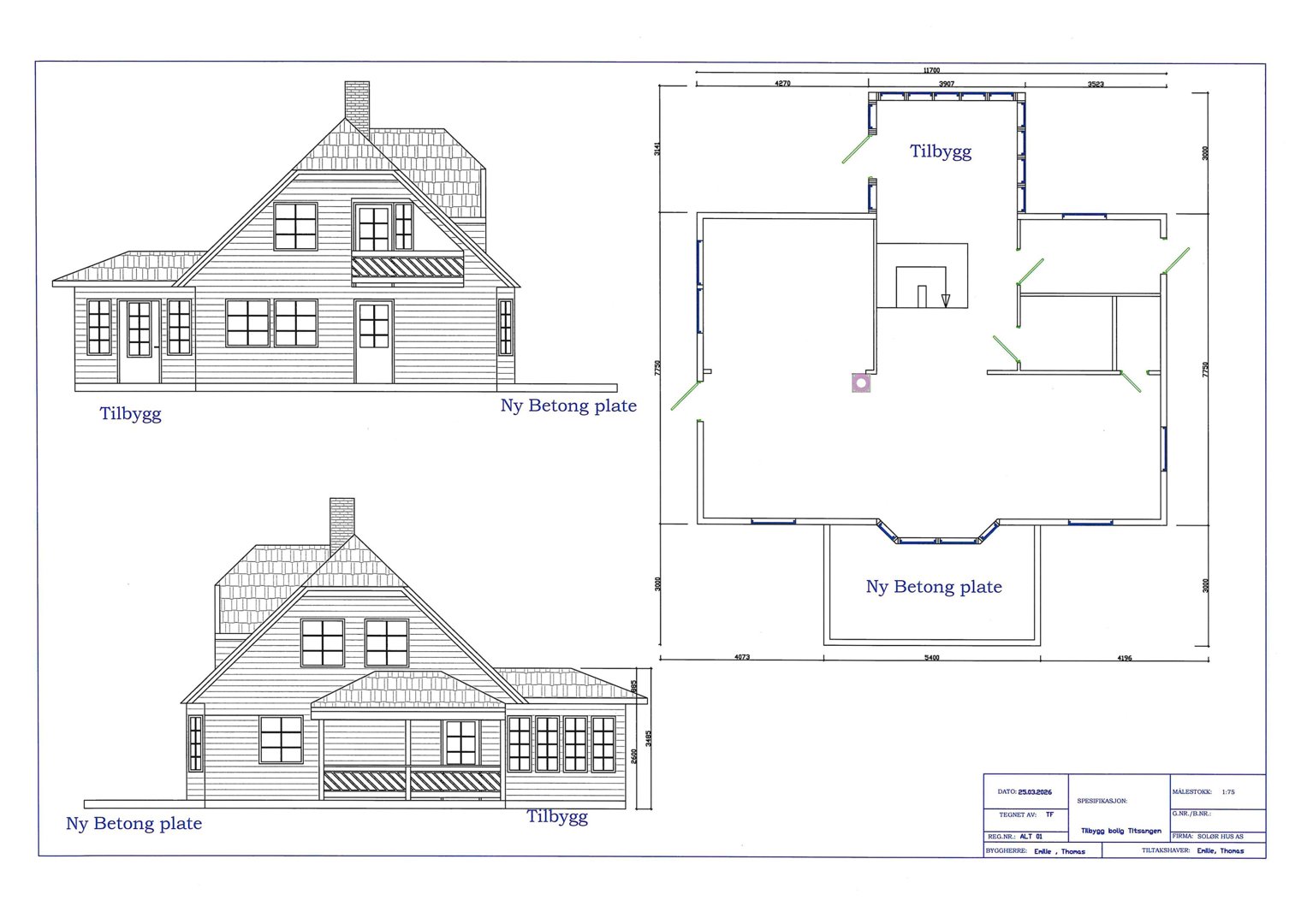 Bildet viser fasadetegninger (opprikk) av en bygning sett fra front og side, samt en tilhørende etasjeplan (floor plan) med mål og romfordeling.