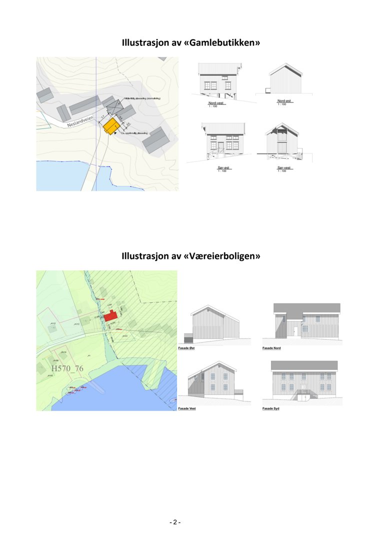 Side med illustrasjoner (renderinger) av to ulike bygninger. Øverst er det en situasjonsplan og fasadeoppsett for «Gamlebutikken». Nederst er det en situasjonsplan og fasadeoppsett for «Væreierboligen».