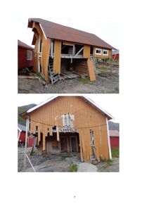 Fotografier av en skadet eller delvis nedrevet gult farget bygning, sett fra utsiden.