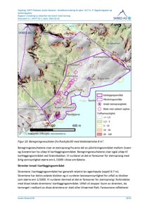 Kart over et kartleggingsområde med topografiske detaljer, steinsprangblokker og fareområder for steinsprang.