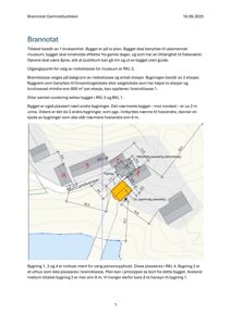 Situasjonsplan eller tomtekart som viser plassering av bygningene (1, 2, 3, 4) i forhold til hverandre og omgivelsene, med angitte avstander.