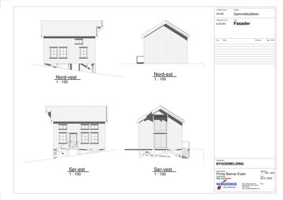 Fasadetegning som viser bygningens utsyn fra fire sider (Nord-vest, Nord-øst, Sør-øst, Sør-vest) med mål 1:100.