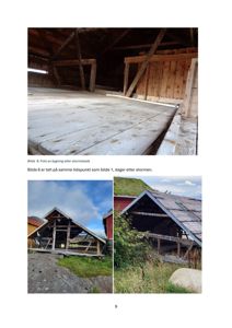 Fotografier av en skadet bygning etter en storm, inkludert et innvendig bilde og to utsnitt av fasaden.