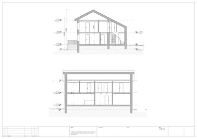 Snittegning (Snitt A og Snitt B) som viser bygningens tverrsnitt, høyder, etasjer og romfordeling.