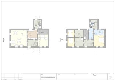 Etasjeplaner (1. og 2. etasje) som viser romfordeling, arealer og fasader for en bolig.