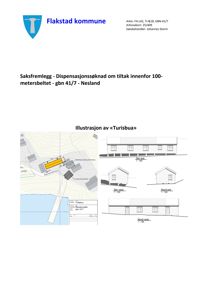 Situasjonsplan med illustrasjon av bygningens plassering på tomten, samt fasadetegninger (oppriis) for bygningen.