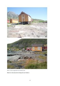 To fotografier av bygninger på en kysttomt, med tekster som identifiserer dem som bilder fra før en stormskade.