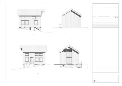 Fasadetegning som viser bygningens utsyn fra fire sider (Nord-vest, Nord-øst, Sør-øst, Sør-vest) med mål 1:100.