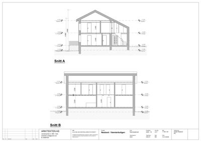 Snittegning (Snitt A og Snitt B) som viser bygningens tverrsnitt, høyder, etasjer og romfordeling.