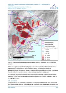 Kart over et kartleggingsområde for snøskredfarevurdering, med overlag av fareområder og hastighetskartlegging (RAMMS).
