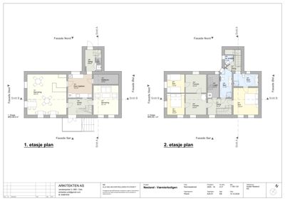 Etasjeplaner (1. og 2. etasje) som viser romfordeling, arealer og fasader for en bolig.