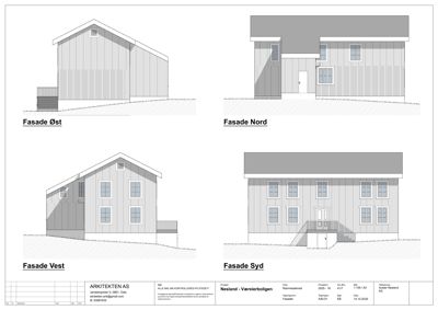 Fasadetegning som viser bygningens utseende fra fire sider: Øst, Nord, Vest og Syd.