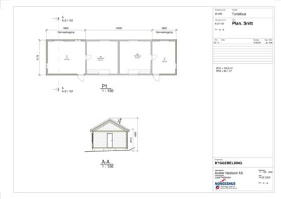 Bildet viser en snittegning (A-A) av et hus, inkludert etasjeplan og fasadeopprikk i samme tegning.